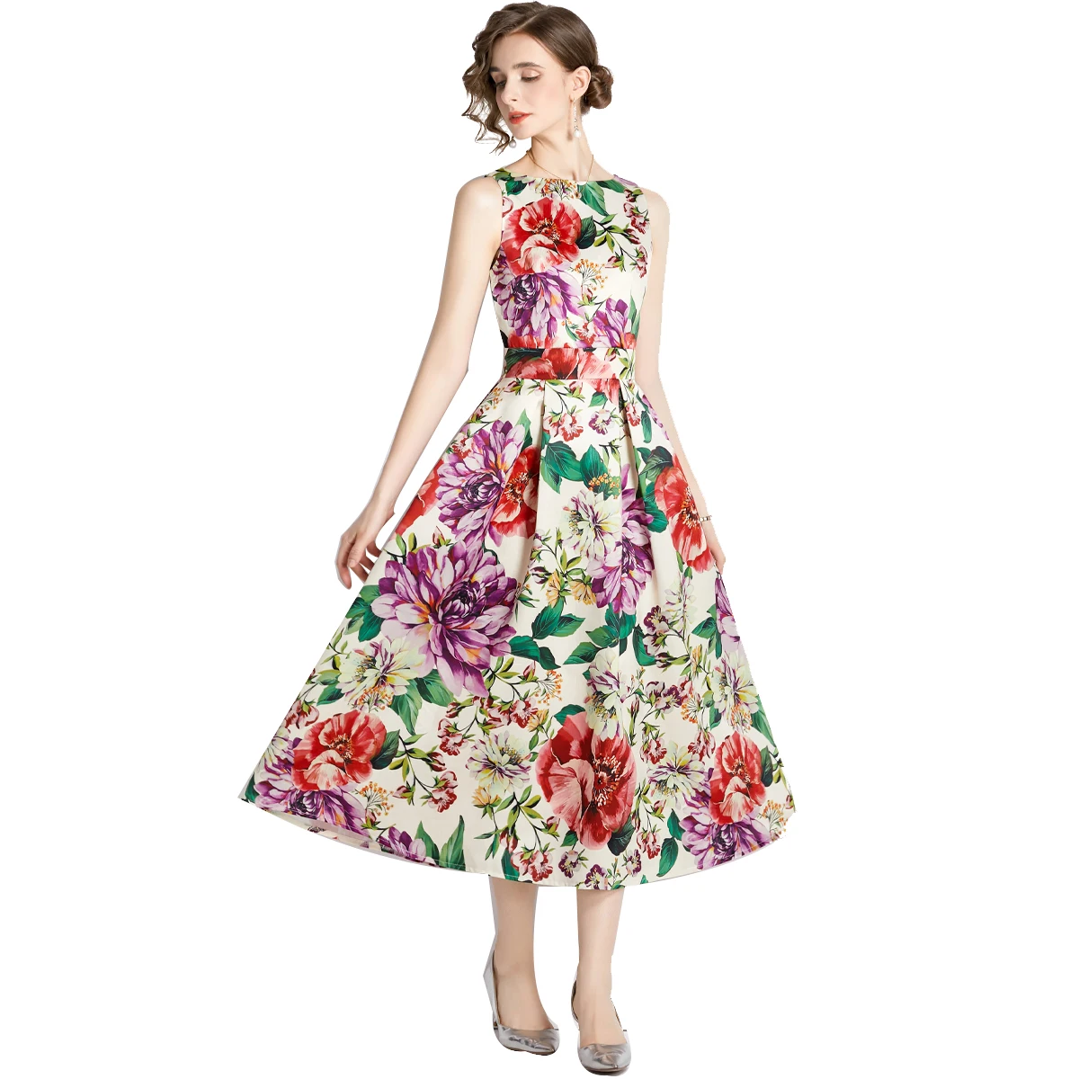 

High Quality Spring Dress Women's Fashion Floral Print Sleeveless Dress Women Casual High Waist Long Beach Dress