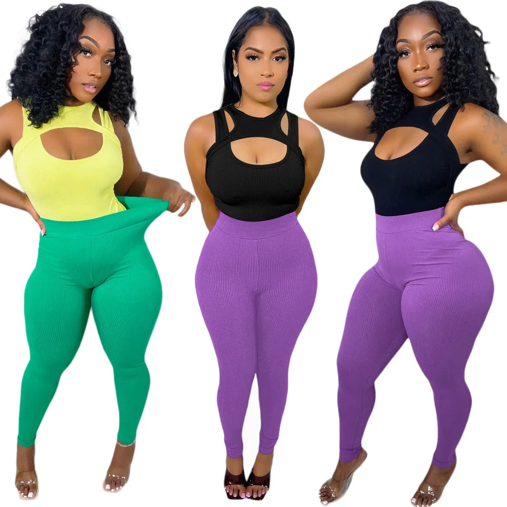 

Hot Selling Sexy Hollow Solid Color Pit Strip Suspenders Sexy Two Piece Set High Waist Elastic Trousers Yoga Sports Set