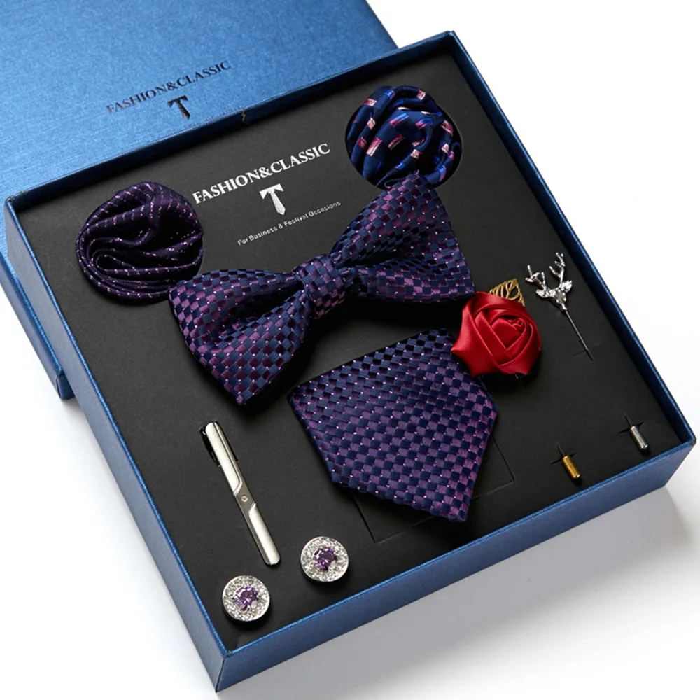 Men's Tie Set Gift Box With Necktie Bowtie Pocket Square Cufflinks Clip Brooches 8pc Suit For Wedding Party Busniess Tie For Men