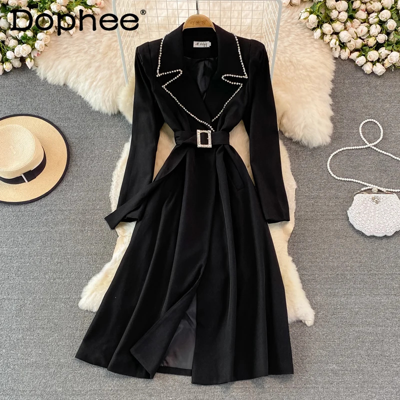 

Autumn and Winter French Go-Getter Girl Style Temperament Waist-Controlled Mid-Length Puff Sleeve Suit Collar Trench Coat Dress