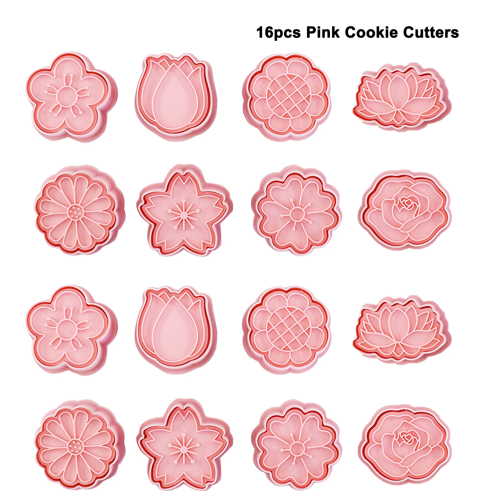 

16pcs Baking Mold Flower Shapes Food Grade Plastic Fondant Party Supplies Bossom Soft Spring Cookie Cutters Pink Stampers DIY