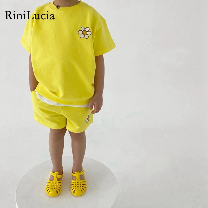 RiniLucia 2pcs/set 2022 Soild Colorful Cotton Suit Children's Short Sleeve T-shirt+pants Baby Boys Girls Outfits Clothes Fashion