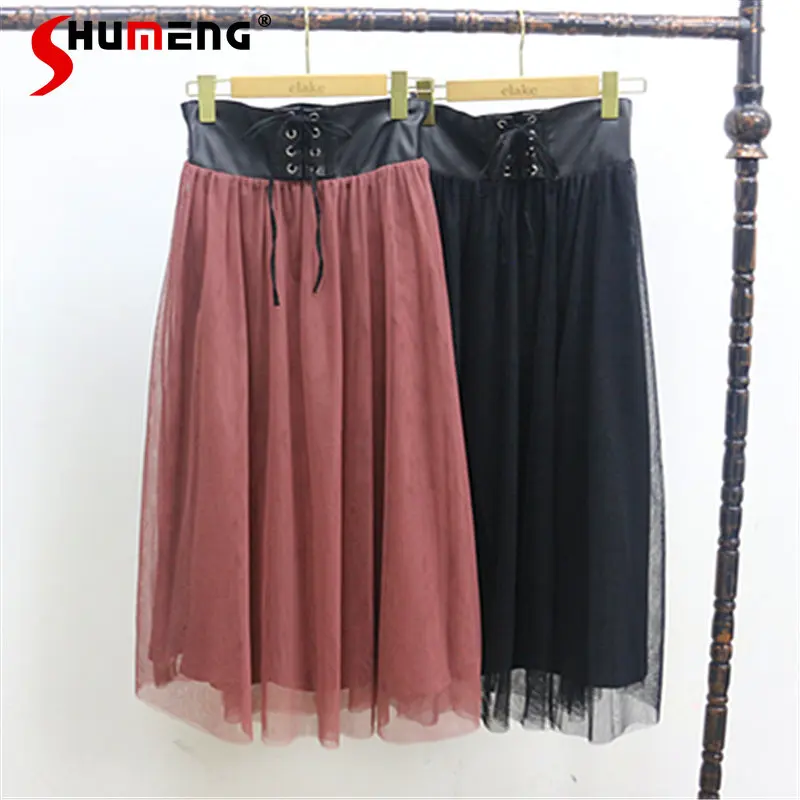 

Весенняя женская юбка средней длины в японском стиле с высокой талией на бретельках элегантная приталенная трапециевидная плиссированная ...