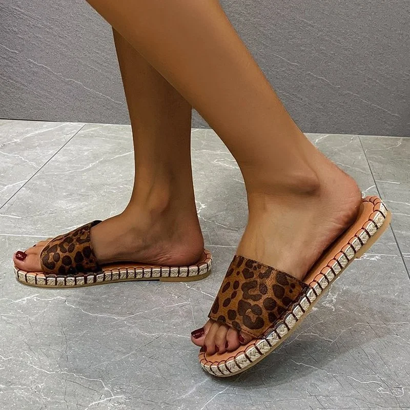 

Women Sandals 2022 Summer New Women's Shoes Outer Wear Hemp Rope Leopard Print Flat Slippers Women Plus Size 43 Zapatillas Muje