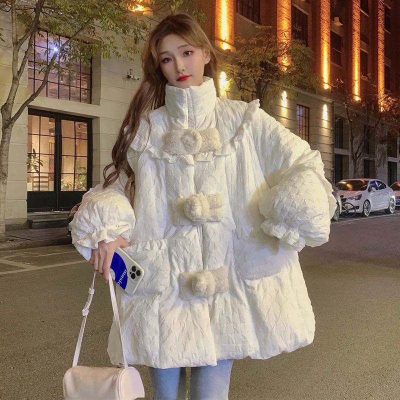 Enlarge 2022 new down cotton-padded jacket women's small plate buckle loose padded white cotton-padded coat