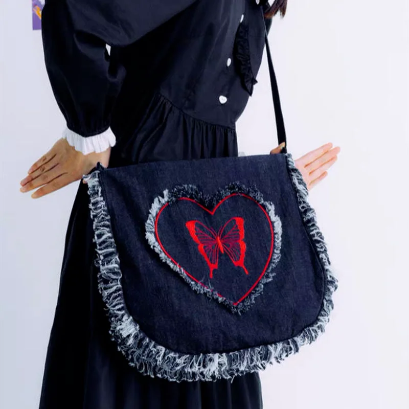 

MBTI Y2K Denim Shoulder Bag Women Embroidered Butterfly Crossbody Bags Heart Harajuku Shopping Hobos Zipper Bolso Mujer