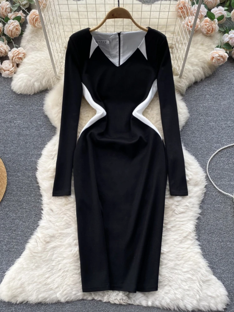 

Autumn Winter New Hepburn Style Celebrity French Contrast Women Dress Female V-neck Slim Waist Long Sleeves Stitching Dress