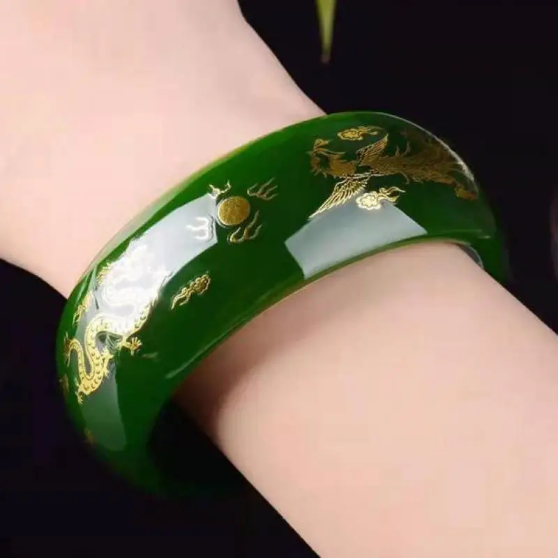 

Real Green Jades Bangles Women Healing Jewelry Genuine Natural Hetian Jade Stone Gold Dragon Phoenix Bangle Jasper Bracelets