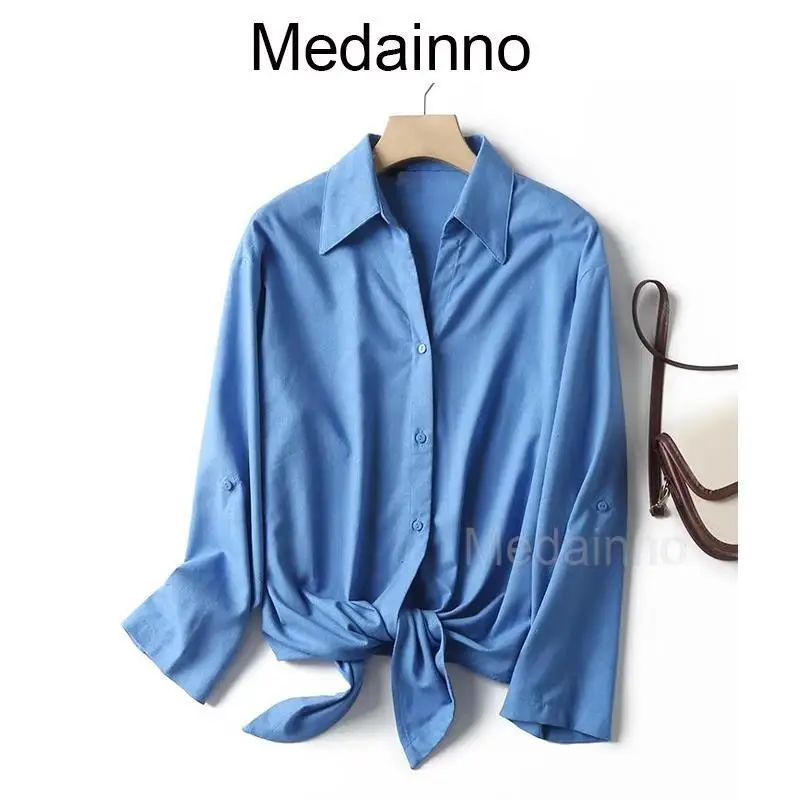 

Medainno 2023 весенне-летняя новая модная женская рубашка с узелком и украшением, однотонные повседневные блузки, простые женские шикарные топы