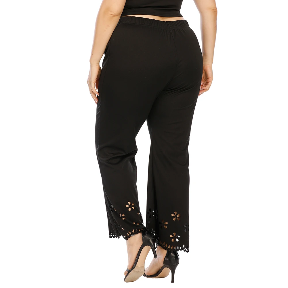 

2022 NEW Summer And Autumn Women Plus Size Hollow Out Burnt Flower Micro Horn Straight Pants Elastic Waist Casual Pants L-4XL