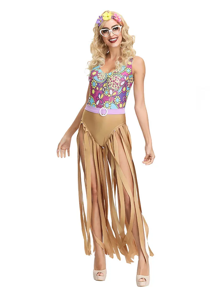 

Halloween Women's Peace Love Hippie Costume Party 60s 70s Hippie Stage Wear Costume Indian Tassels Hippie Performance Suit