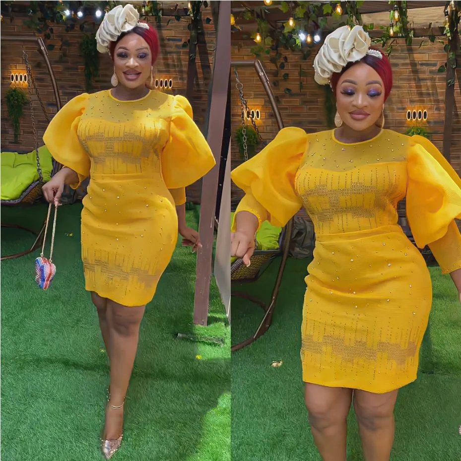 Plus Size Dresses Women's 2023 Round Neck Solid Color New Heavy Industry Hot Diamond Dress Women's Wear Evening Party Dresses