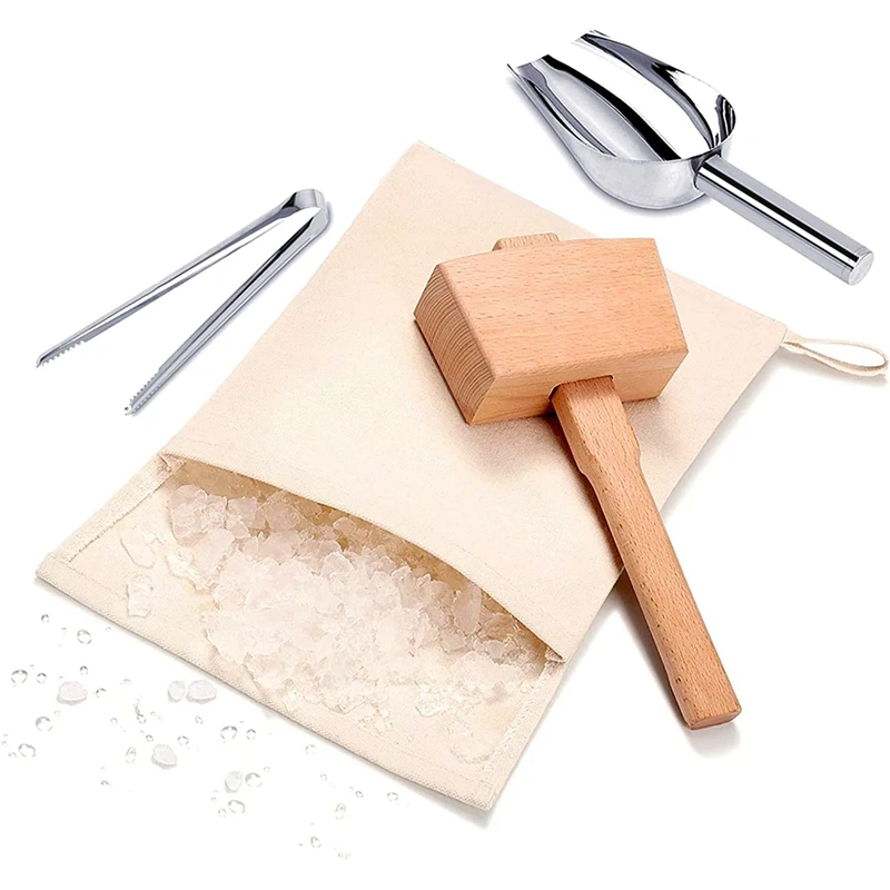 

Reusable Canvas Crushed Ice Bags,Wooden Mallet Bar, Steel Ice Scoop And Ice Tongs, For Bar Tools Kitchen Accessory