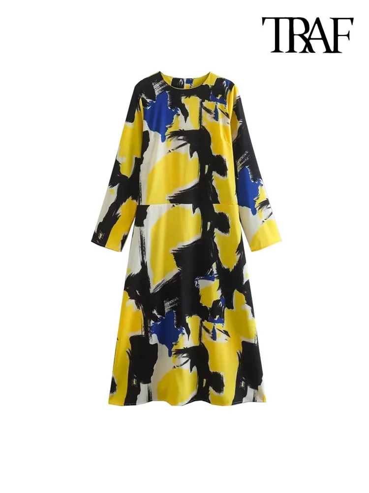 

TRAF Women Fashion Printed Midi Dress Vintage Long Sleeve Back Zipper Female Dresses Vestidos Mujer