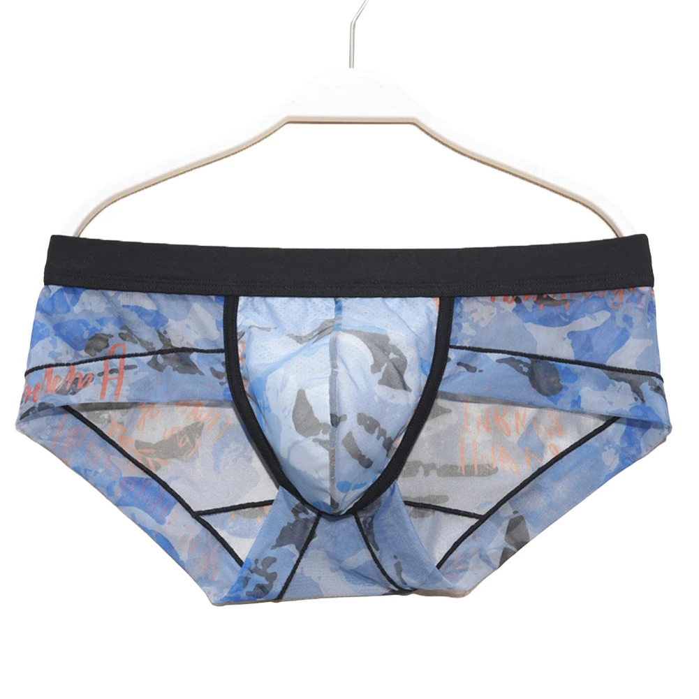 

Men Sexy Briefs Sissy Low-Rise Seamless Panties Mesh Bulge Pouch Knickers Printed Translucent Underwear Breath Gay Underpants