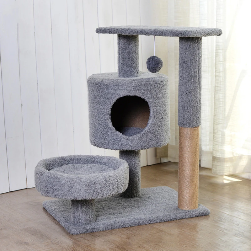 

Simple Pet Cat Tree House Wooden Cat Tower Condo With Hammock Sisal Scratching Posts for Cat Kitten Large Size Bed for Cats