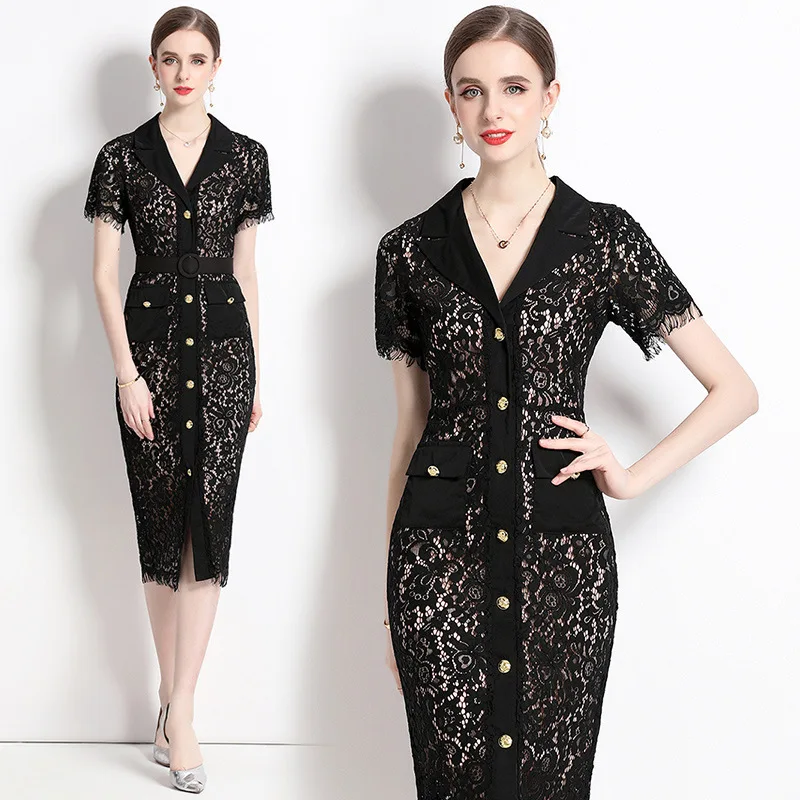 

Elegant Women Lace Long Dress 2023 Summer Vintage Patchwork Single-Breasted Pencil Vestidos Female Formal Office Party Dresses