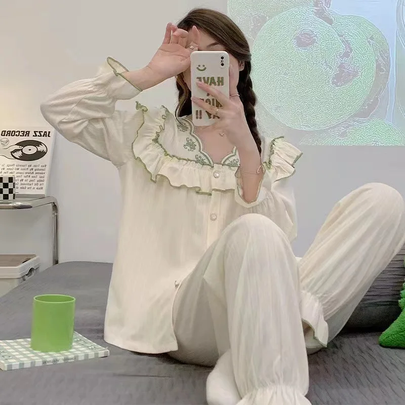 New Pajamas for Women Spring Pure White Suit This Cute Princess Style V-neck Cardigan Cropped Pants Comfortable Home Casual Wear