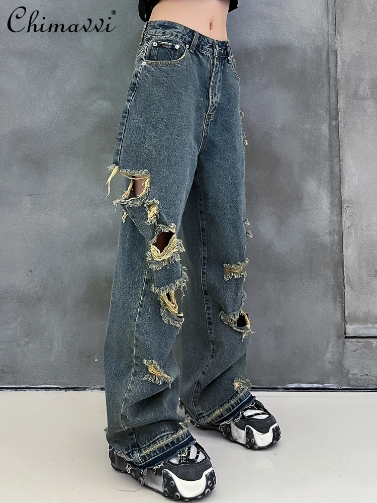 

2022 Summer Clothes New Fashion Loose Wide-Leg Pants Ripped Personality Jeans Streetwear All-Matching Women's Denim Pants