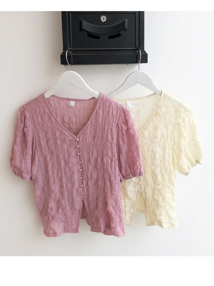 

QOERLIN Fashion 2023 New Wrinkled Short Sleeve Buttons Pink Shirts Loose Gentle Chic Korean Solid Apricot Elegant Tops Blouse