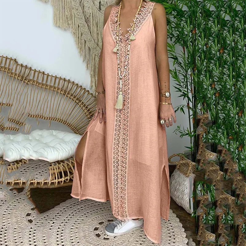 

Chic Liner Side Split Loose Long Dress Elegant Women Solid Patchwork Lace Dresses Casual Sleeveless Summer V-neck Vintage Dress