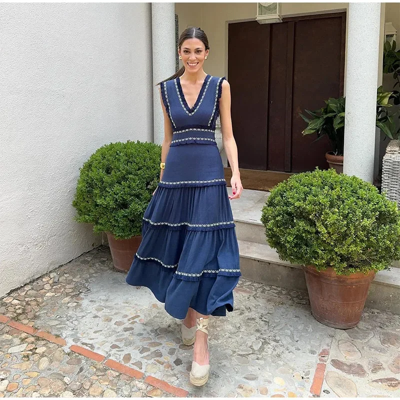 Женское винтажное платье с бахромой V-образным вырезом и воланом