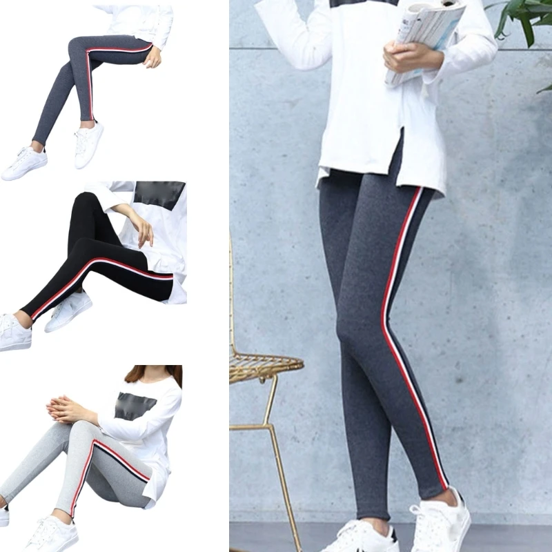 

Womens Cotton Elastic Waist Skinny Leggings Pants Striped Ankle Length Size