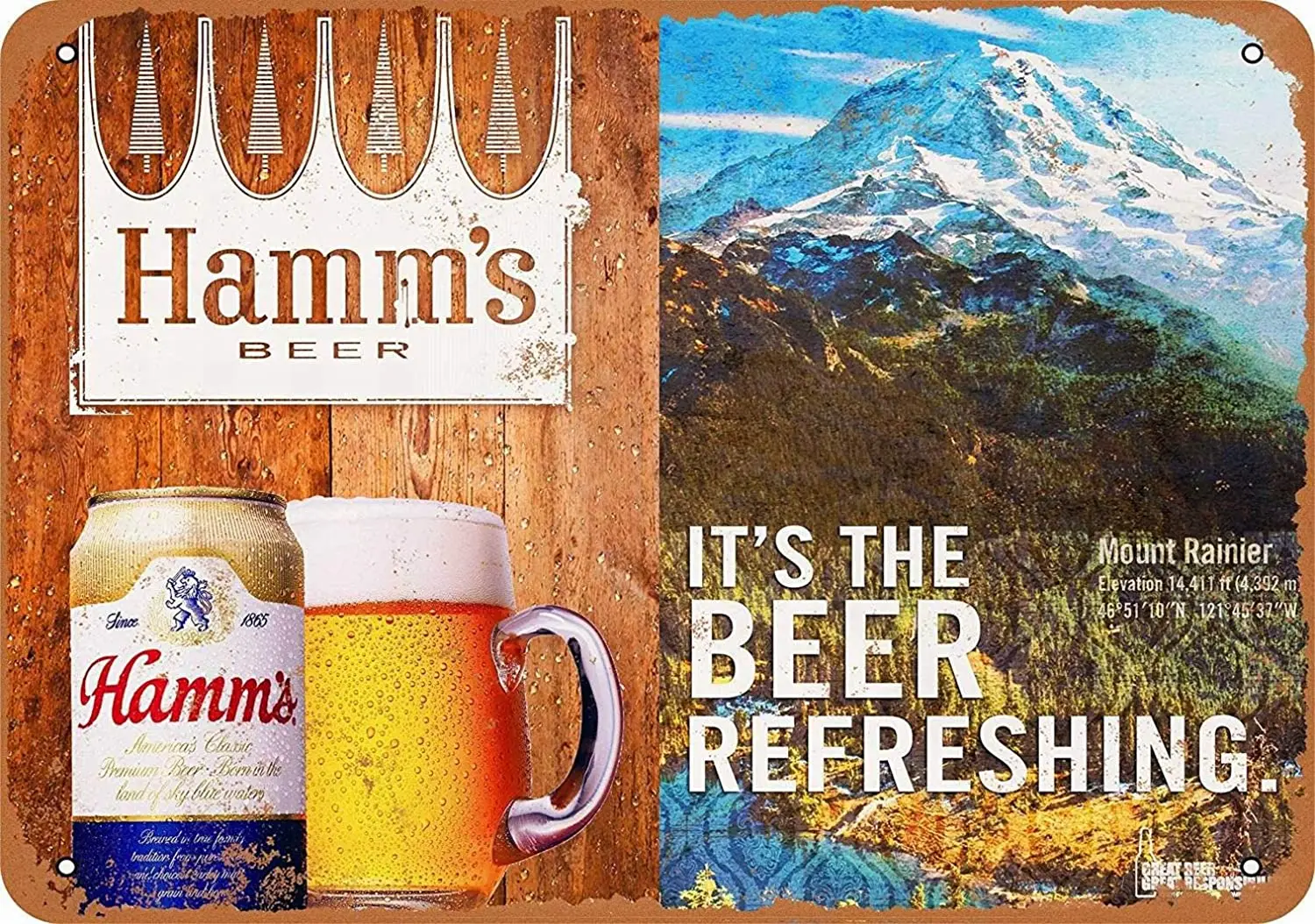 

Hamm's Beer and Mount Rainier Tin Decorative Signs 8x12 Outdoor Wall Decor