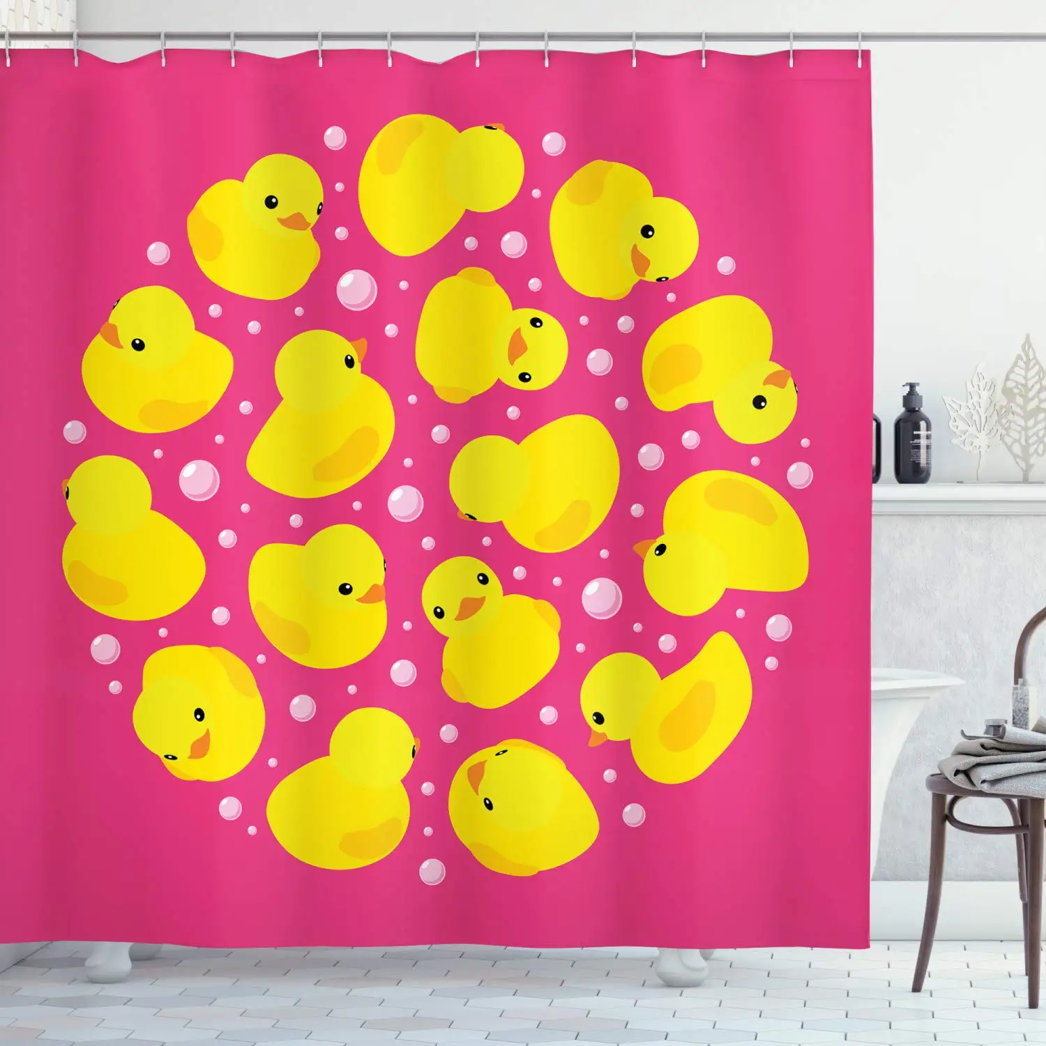 

Duck Shower Curtain,Cartoon Character Taking A Bath Colorful Drops,Cloth Fabric Bathroom Curtains Set with Hooks Backdrop Dots