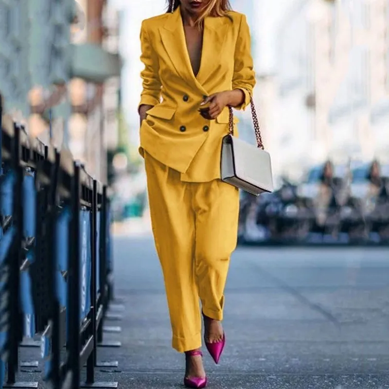 Women's Solid Color Business Double Breasted Overalls Business Trousers Two Piece Suit Ladies Formal Casual Party Prom Tuxedo