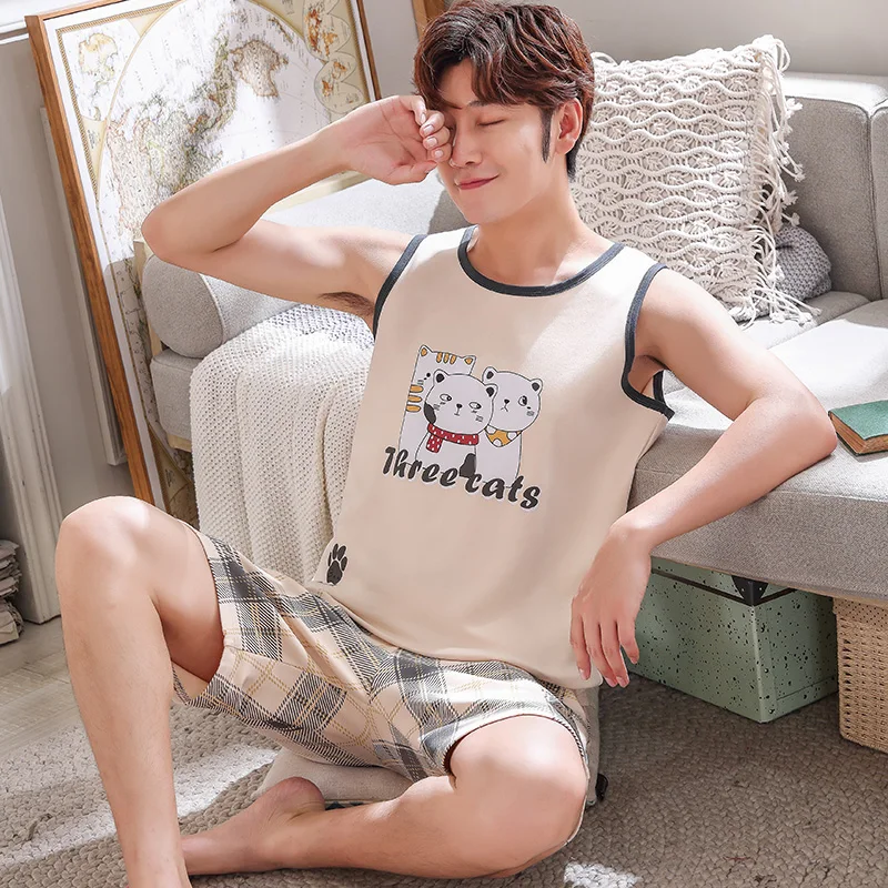 Cartoon Man Pajamas Set Summer Thin Cotton Sleep Tops Pant For Men Sleepwear Male Plus Size 3XL Loungwear Home Clothing 2022
