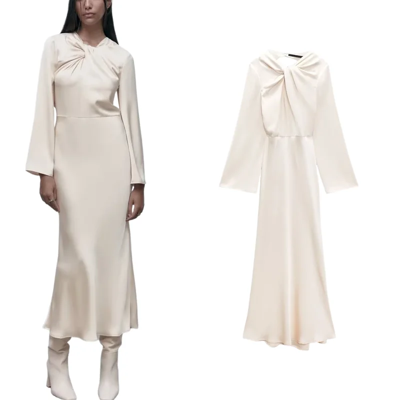 

Женское Плиссированное Шелковое атласное платье, длинное платье с открытой спиной и длинными рукавами в стиле ретро, повседневное Элегантн...