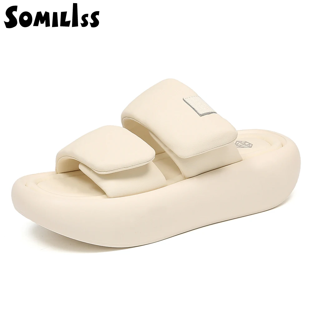 SOMILISS Women Summer Platform Sandal Slipper Hook And Loop Fastener Microfiber Leather Fashion Flat Casual Shoes for Women