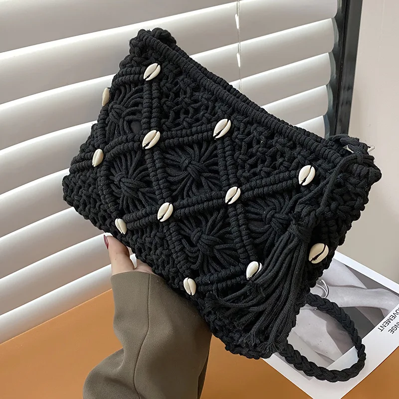 

Designer Tassel Crochet Shoulder Crossbody Bags for Women 2022 Fashion Rope Knitting Messenger Bag Square Envelope Tote Handbag