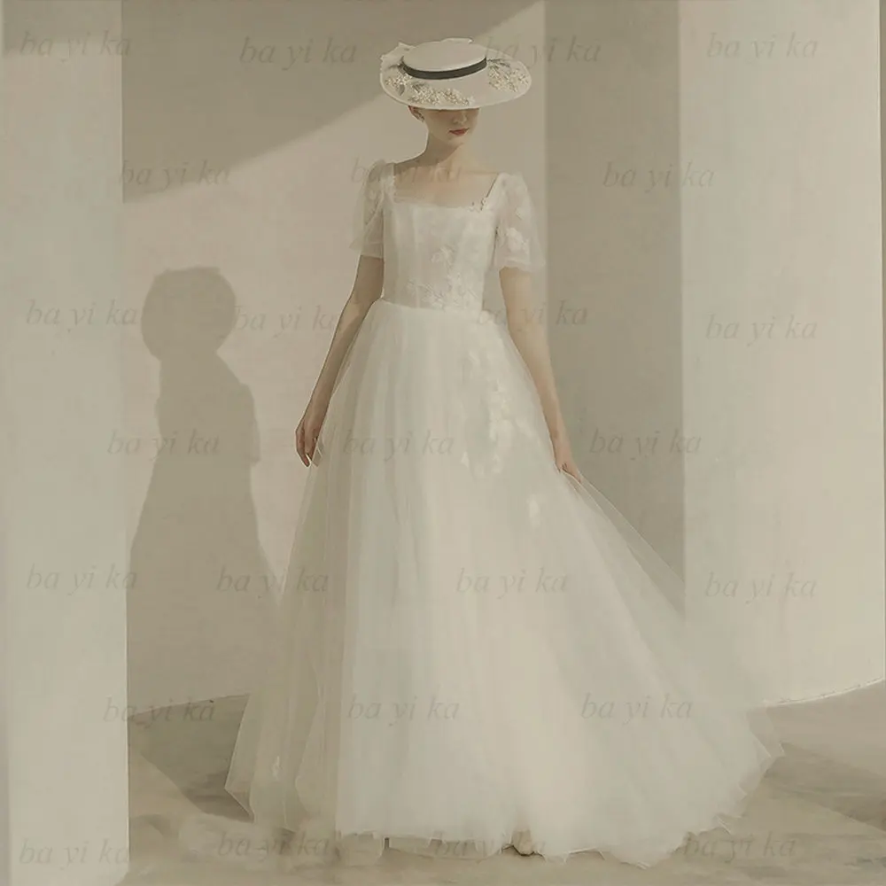 

Boho Square Collar Princess Wedding Dresses Appliques For Women Robe De Marie Custom Made Bridal Gowns Floor Length Simple Beach