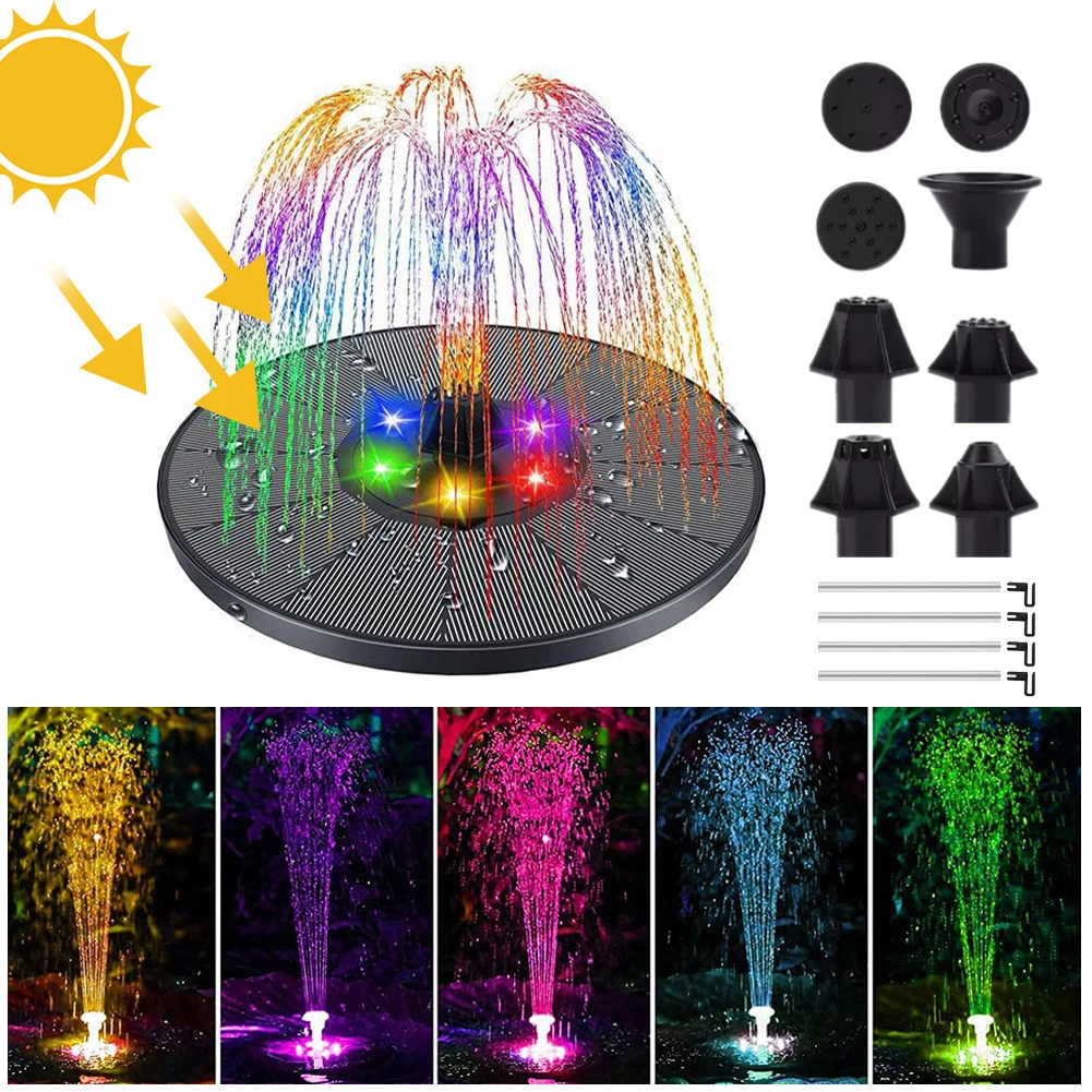 

Solar Fountain Water Pump with Color LED Lights Garden Waterfall Outdoor Pool Pond Bird Bath Fountain Pump with 8 Nozzles