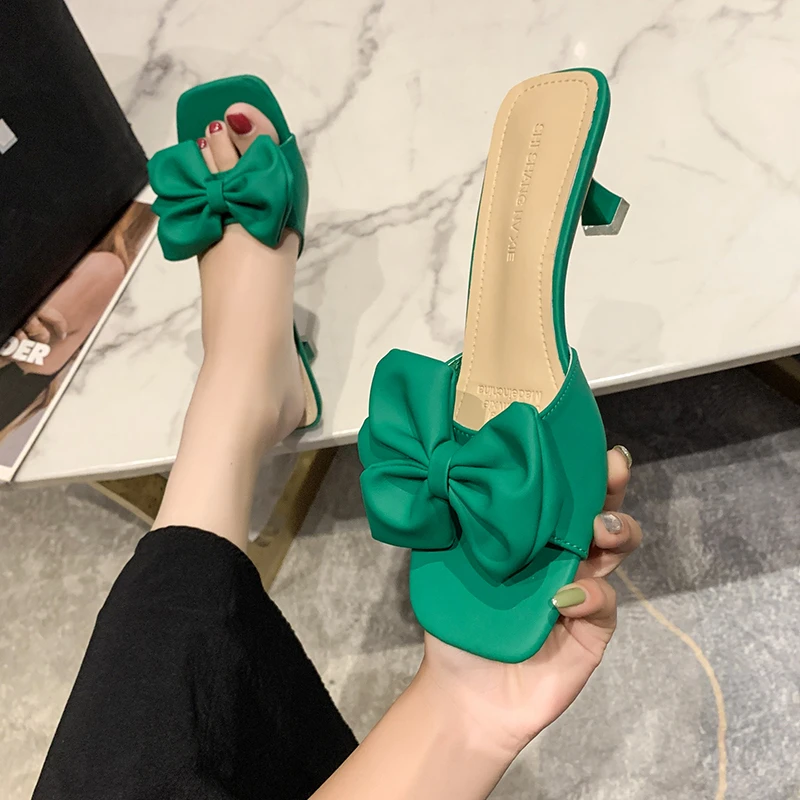 

Shoes Woman's Slippers Butterfly-Knot Slides Fashion Med Square heel 2022 Luxury Summer Block Butterfly-knot Rubber Hoof Heels