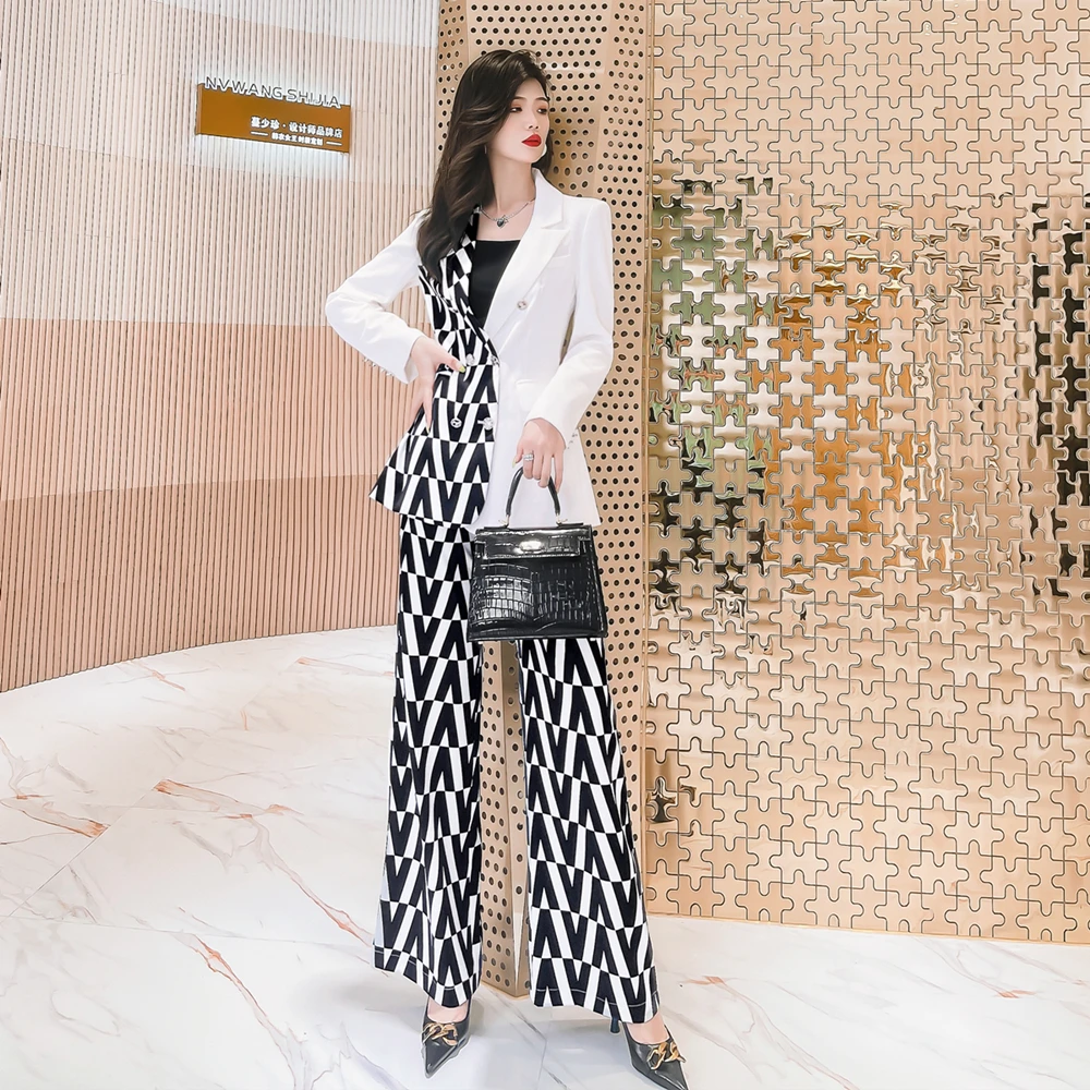 

Women Flare Pants Sets Print High Waist Pants Woman Summer 2022 Asymmetrical Blazer Business Trousers Office Ladies Pants Suits