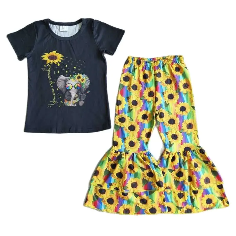 

B16-10 одежда для маленьких девочек, черная футболка с коротким рукавом и принтом слона, топ с подсолнухами и штанами, комплект детской одежды ...