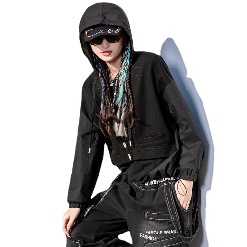 European New Hooded Sweatshirt Women's Design Contrast Fashion Tops Green Black Color Loose Casual Tees For Female  2022 Spring