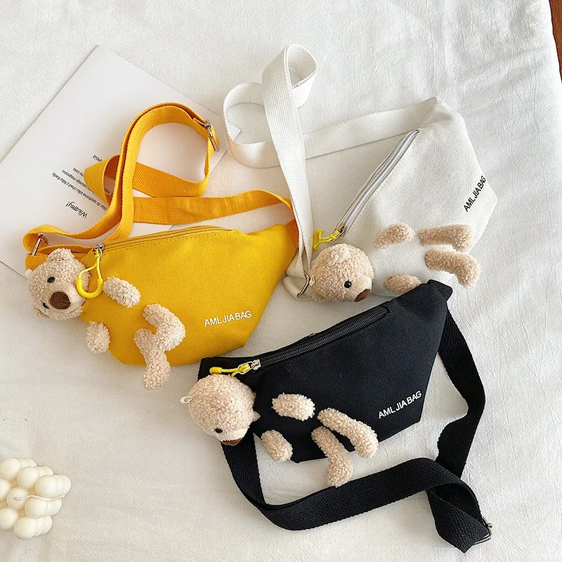 

Женская холщовая поясная сумка с милым медведем, дизайнерский однотонный кошелек на ремне через плечо, забавная бананка на бедро