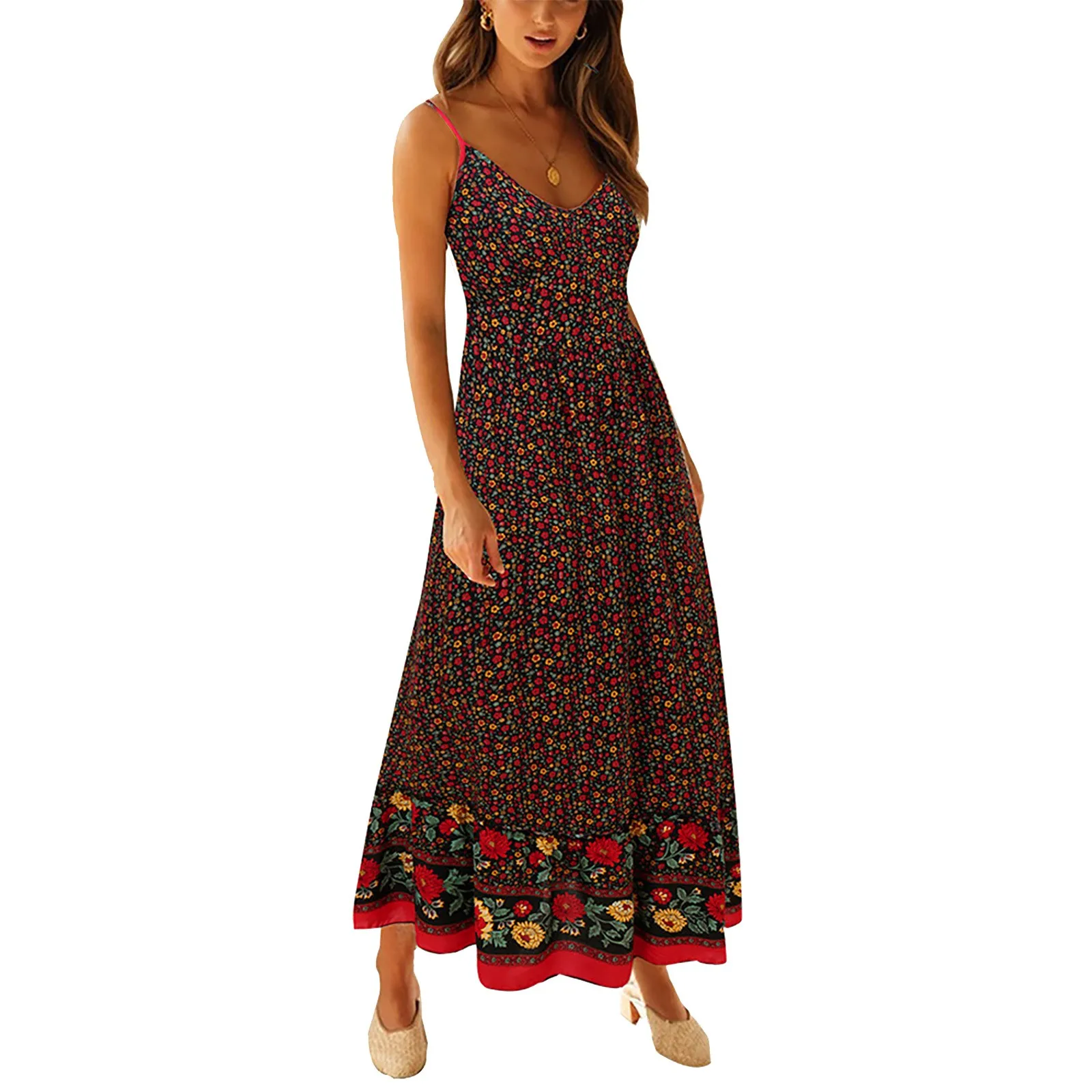 

Women's Summer Floral Printed Bohemian Sundress Sleeveless Spaghetti Strap Swing Casual Beach Maxi Dresses for Women Casual Long