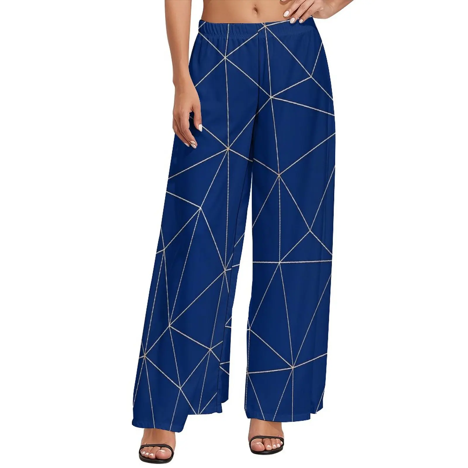 

Geo Print Straight Pants Blue Lines Elegant Wide Pants Female Big Size Harajuku Design Trousers