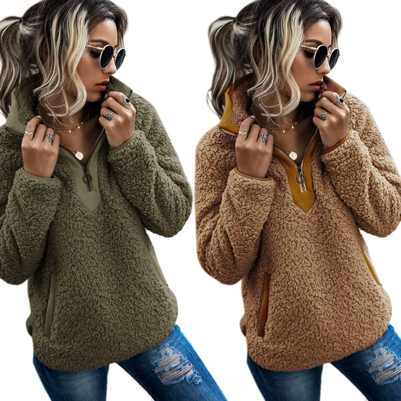

2Pcs Women Sherpa Sweater Teddy Fleece Pullover Half Zipper Sherpa Fleece Tops Warm Coat Sweaters L Size Green & Camel