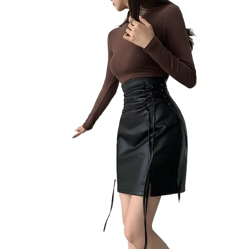 

Leather Skirt Half Skirt Women's High-waisted Slit Hip Wrap Skirt New Fall 2022 Lace Slimming Skirt