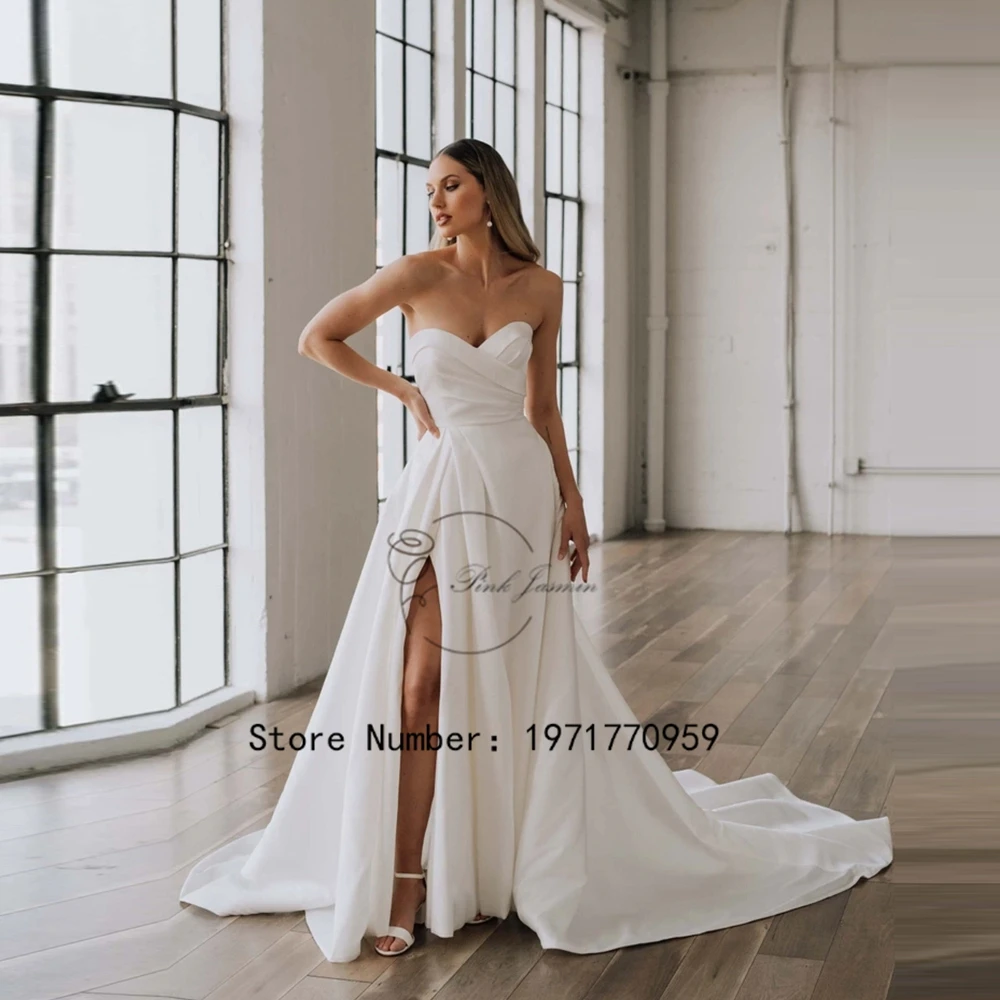 

Sweetheart White High Slit Strapless Wedding Dress Zipper Back Party Gowns Satin A-Line Court Train vestido de noiva 2024 New