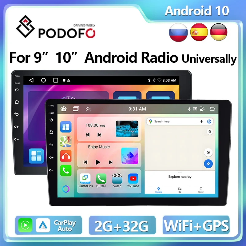 Автомобильный мультимедийный плеер Podofo, универсальная стереосистема на Android, с экраном 9 дюймов, GPS, Wi-Fi, 4G, типоразмер 2DIN