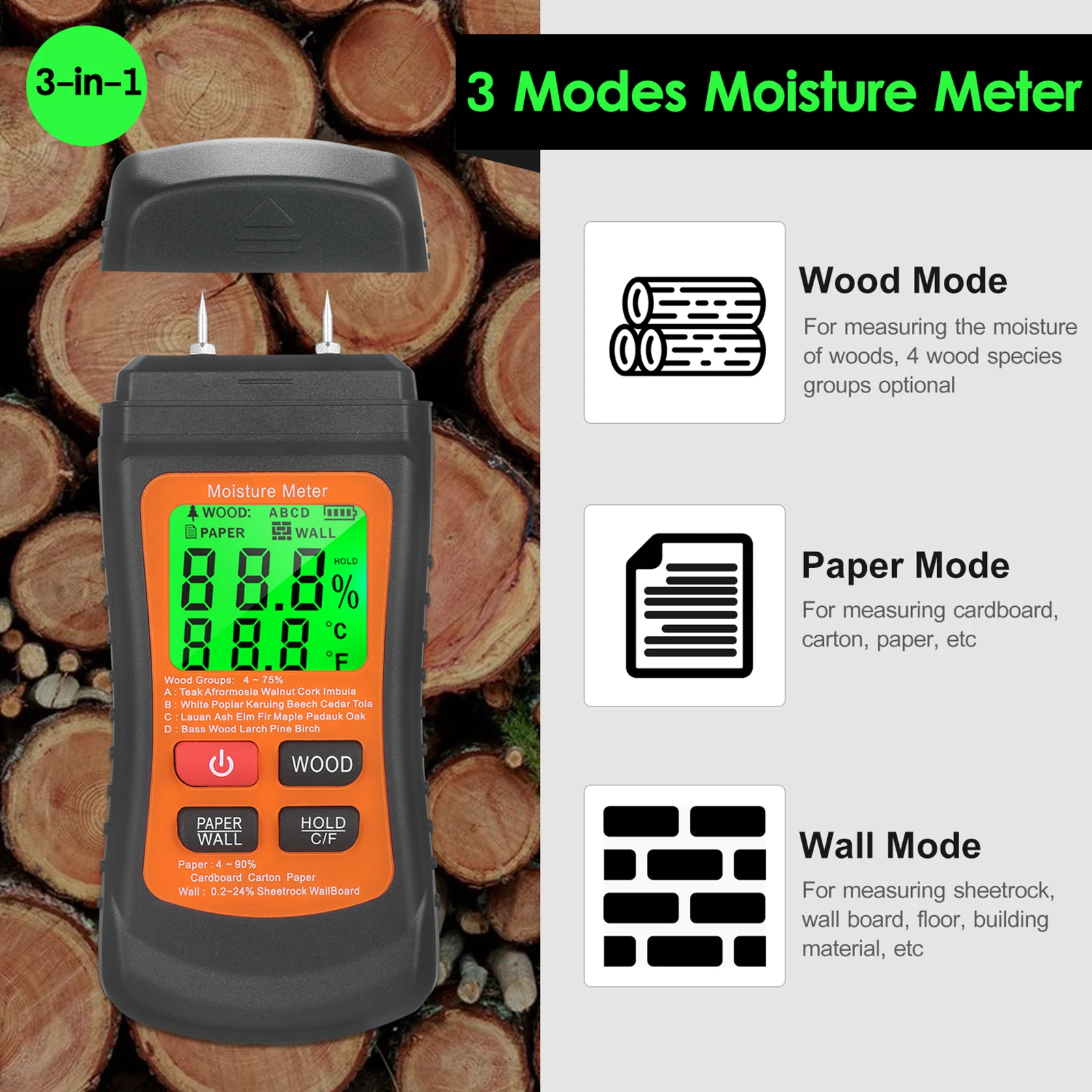 

Multifunctional LCD Digital Wood Moisture Meter Two Needle Wall Cardboard Timber Humidity Tester Moisture Content Detector