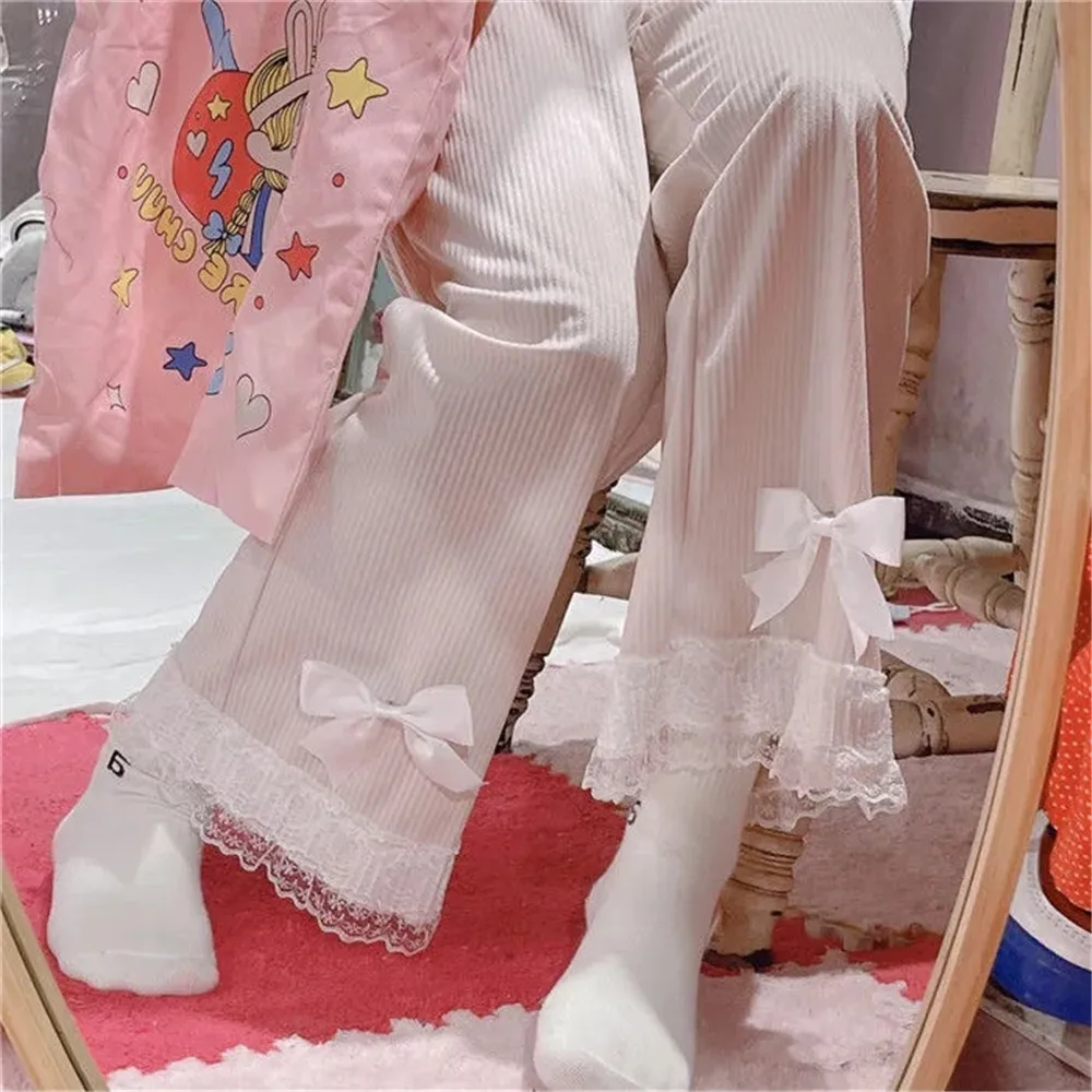 

Милые милые Вельветовые женские брюки в японском стиле Лолита, кружевные широкие брюки с бантом и высокой талией, винтажная одежда Y2k 90-х, свободные милые брюки