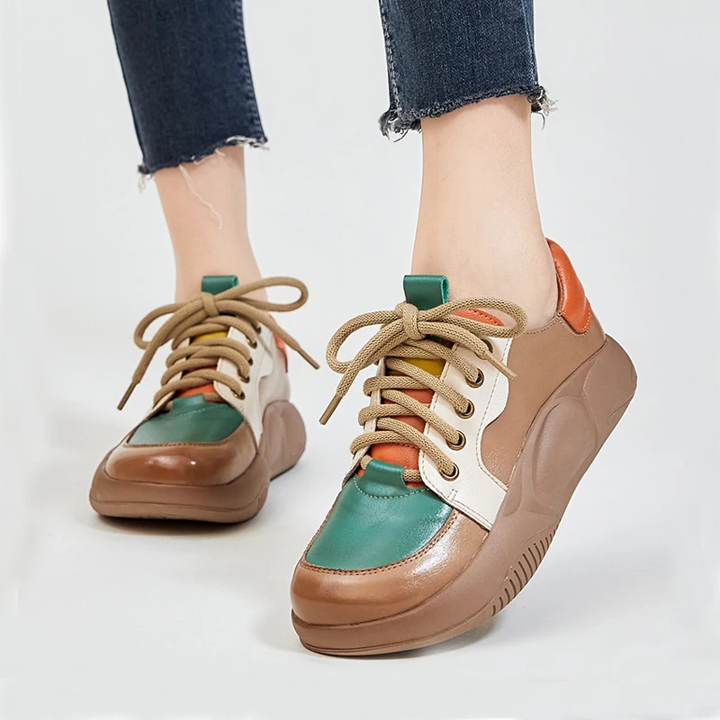 

Кроссовки женские из коровьей кожи, на толстом каблуке 3 см, с круглым носком